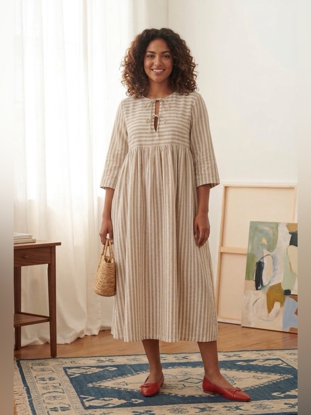 Tradlands Birdie‎ Bell Sleeve Linen Dress Beige & White Striped Dress Sz M